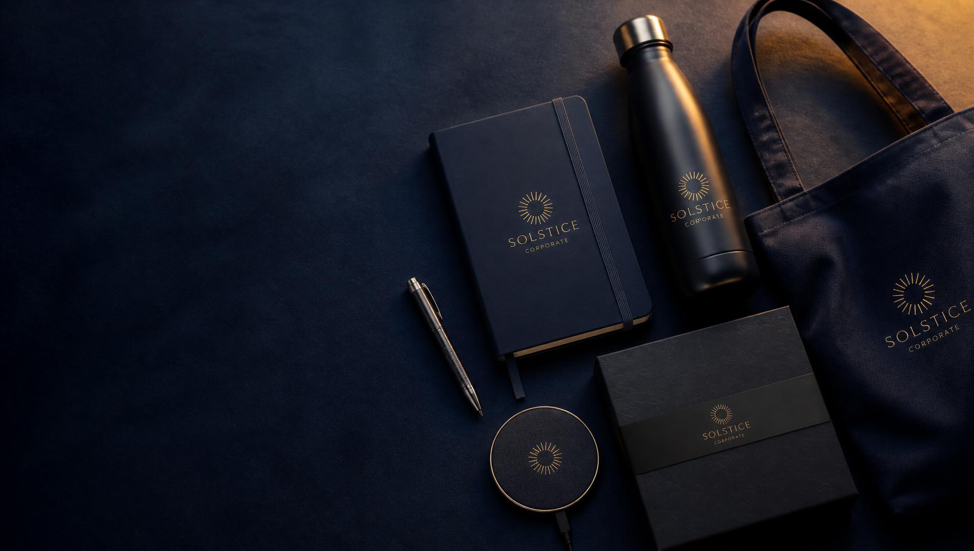 Kit de brindes corporativos personalizados em azul-marinho e dourado